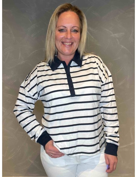 Hvid/navy stribet polo med navy krave til kvinder – Design by TIPPY