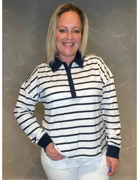 Hvid/navy stribet polo med navy krave til kvinder – Design by TIPPY