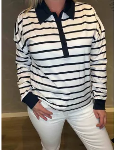 Hvid/navy stribet polo med navy krave til kvinder – Design by TIPPY 2