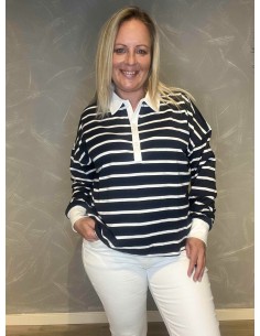 Stribet polo bluse i navy/hvid med knaplukning, casual pasform med lange ærmer og hvid krave - TIPPY