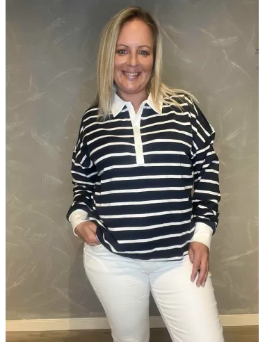 Stribet polo bluse i navy/hvid med knaplukning, casual pasform med lange ærmer og hvid krave - TIPPY
