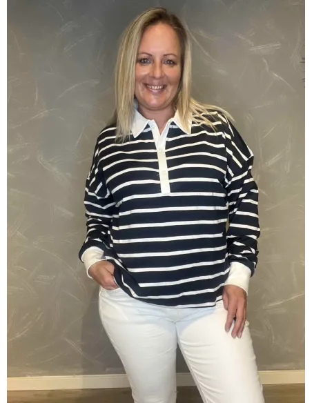 Stribet polo bluse i navy/hvid med knaplukning, casual pasform med lange ærmer og hvid krave - TIPPY