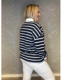 Stribet polo bluse i navy/hvid med knaplukning, casual pasform med lange ærmer og hvid krave - TIPPY 2