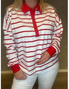 Stribet polo bluse i hvid/rød med knapper, casual pasform med lange ærmer og ribkant ved ærmeafslutning -TIPPY 2