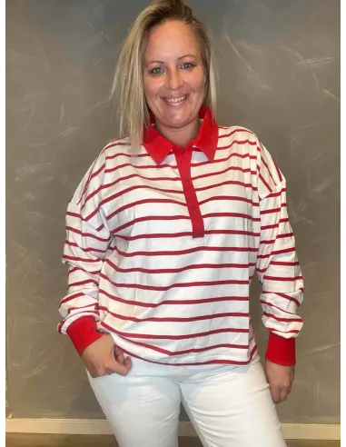 Stribet polo bluse i hvid/rød med knapper, casual pasform med lange ærmer og ribkant ved ærmeafslutning -TIPPY