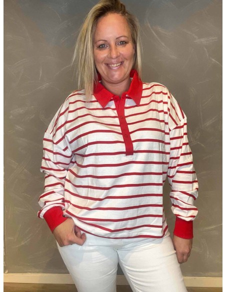 Stribet polo bluse i hvid/rød med knapper, casual pasform med lange ærmer og ribkant ved ærmeafslutning -TIPPY
