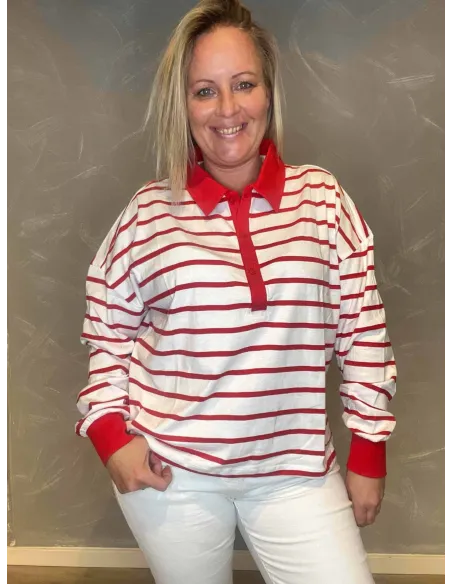 Stribet polo bluse i hvid/rød med knapper, casual pasform med lange ærmer og ribkant ved ærmeafslutning -TIPPY