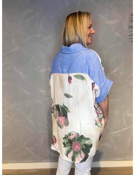 Skjortekrave og ærmedetaljer med grønne/rosa kontraster bag fra