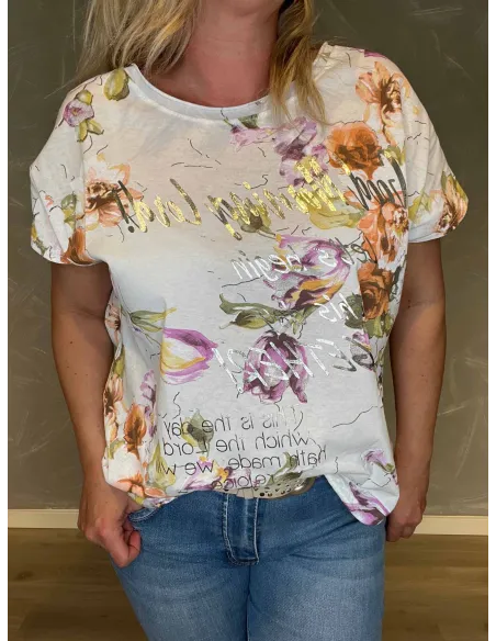 "Hvid t-shirt med akvarel blomsterprint og sølvtekst, casual pasform med korte ærmer"