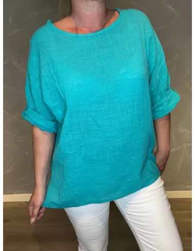 bomulds bluse turkis close up