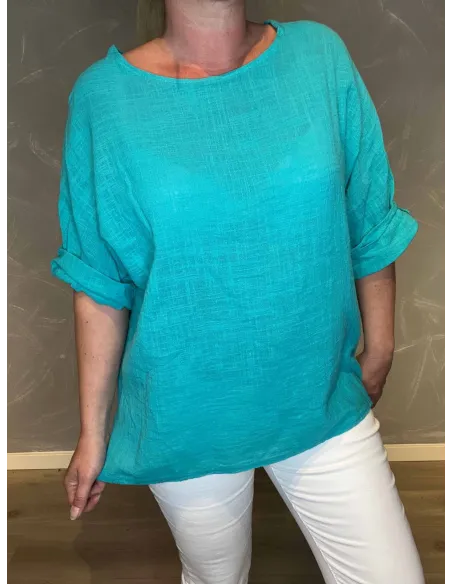 bomulds bluse turkis close up