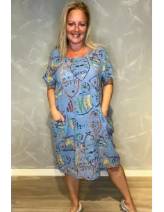 Blå kjole med fisk print og lommer til kvinder – TIPPY collection”