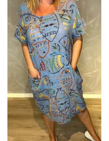 Fisk print på blå kjole – TIPPY