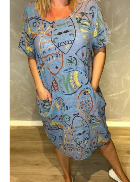 Fisk print på blå kjole – TIPPY