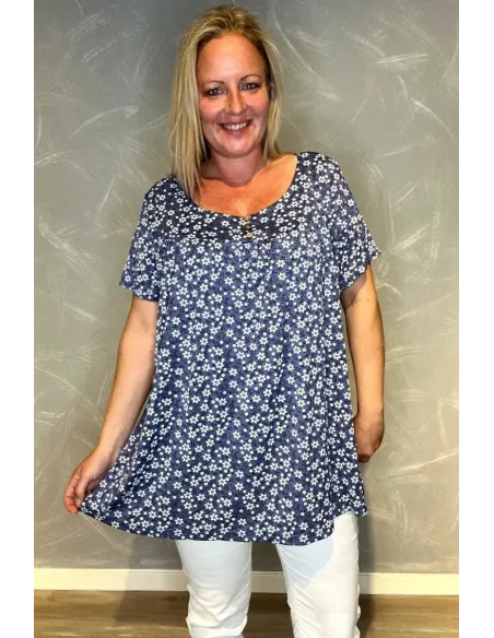 Jeans blå bluse med blomsterprint og 3 pynteknapper