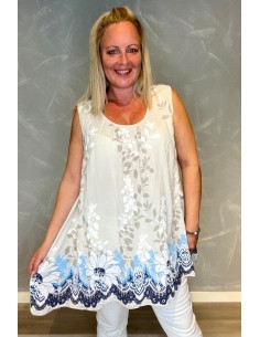 Beige tunika med blomsterprint og broderi detaljer ved udskæringen