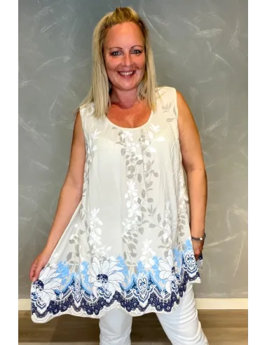 Beige tunika med blomsterprint og broderi detaljer ved udskæringen