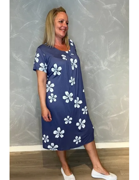 Jeans blå kjole med store blomster til kvinder – TIPPY Collection