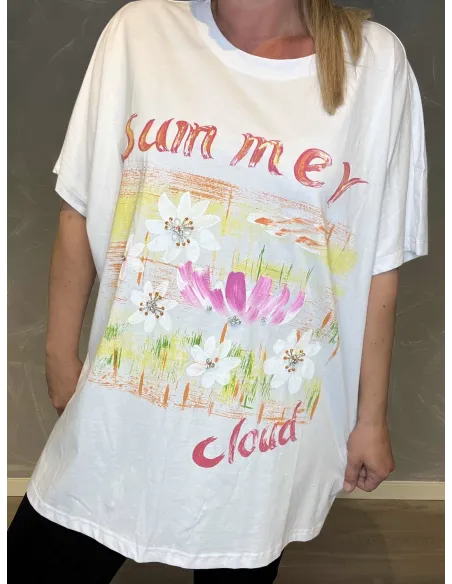 "Nærbillede af Summer Cloud print med blomster og farverige detaljer"