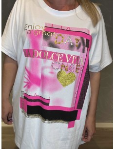 Hvid oversize t-shirt med farverigt print og bling-detaljer 2
