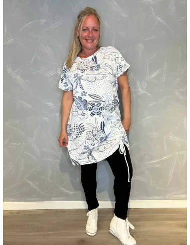 T-shirt kjole med Snøre | Hvid/Blå| TIPPY