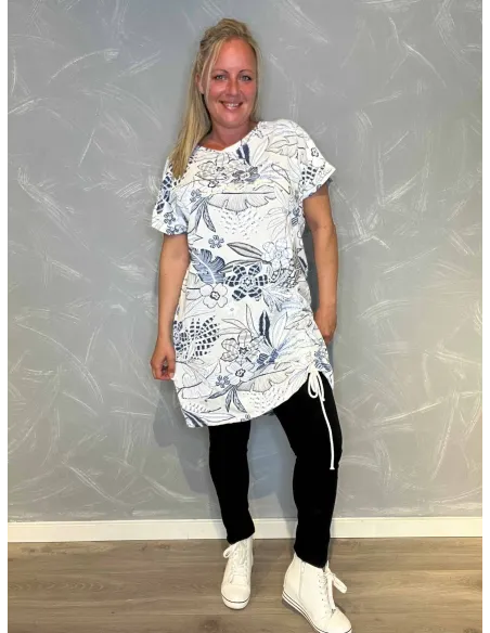 T-shirt kjole med Snøre | Hvid/Blå| TIPPY