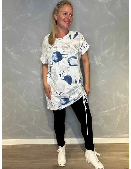 T-shirt kjole med Snøre | Hvid/Blå| TIPPY