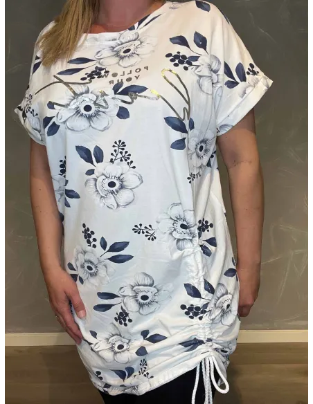 T-shirt kjole med Snøre | Hvid/Blå| TIPPY