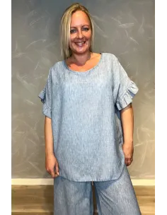 "Grey blue bluse til kvinder med flæse ærmer - TIPPY Italian Select"