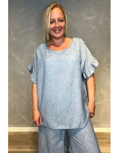 "Grey blue bluse til kvinder med flæse ærmer - TIPPY Italian Select"