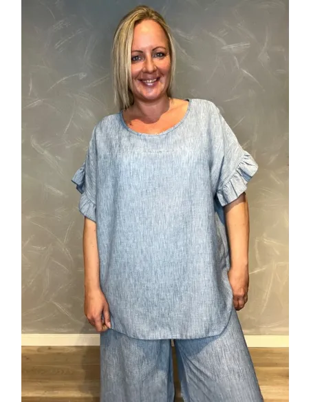 "Grey blue bluse til kvinder med flæse ærmer - TIPPY Italian Select"