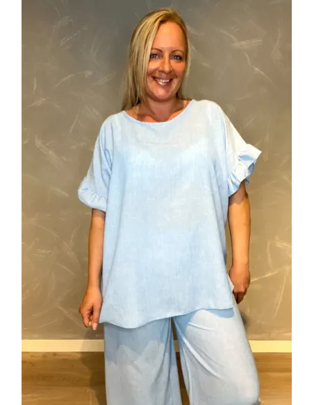 "Sky blue bluse til kvinder med flæse ærmer - TIPPY Italian Select"