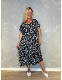 Sort midi kjole med blomsterprint og ærmer til kvinder – TIPPY Collection