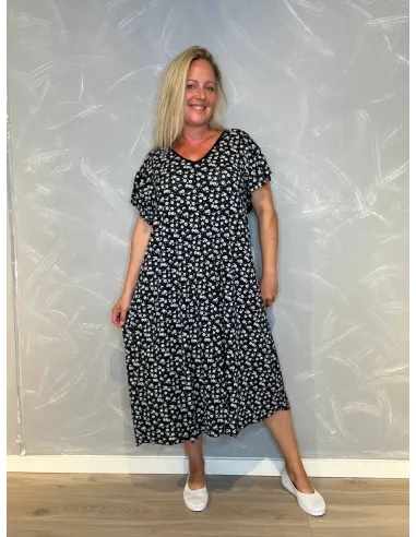 Sort midi kjole med blomsterprint og ærmer til kvinder – TIPPY Collection