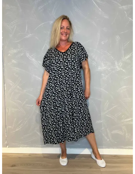 Sort midi kjole med blomsterprint og ærmer til kvinder – TIPPY Collection