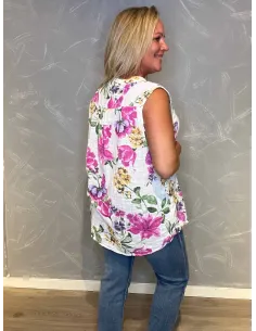 Skjortetop | Hvid, Pink blomster | Knaplukning | TIPPY 2