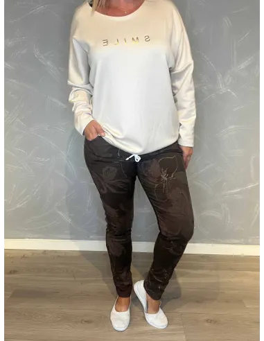 "Brun strækbukser med blomsterprint og guld detaljer til kvinder - Italian Select"