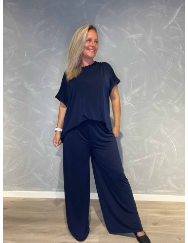 "Navy box bluse med stræk og korte ærmer til kvinder - TIPPY Collection"