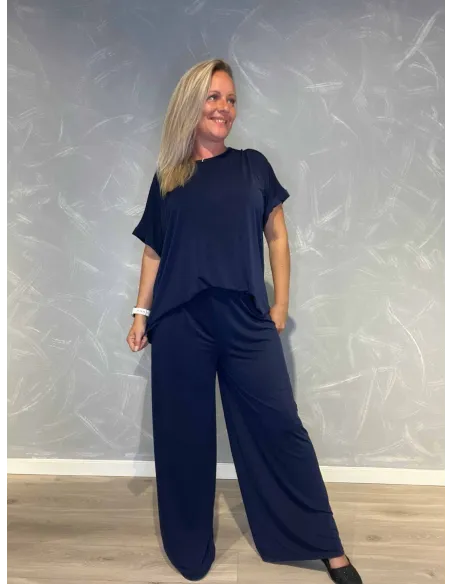 "Navy box bluse med stræk og korte ærmer til kvinder - TIPPY Collection"