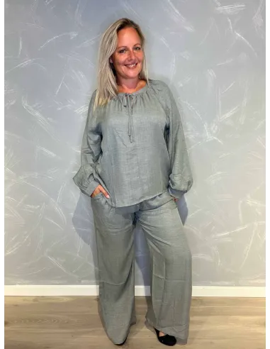 sættet vist forfra, Lys grå bluse med bindebånd og ballonærmer til kvinder - Catwalk by TIPPY"