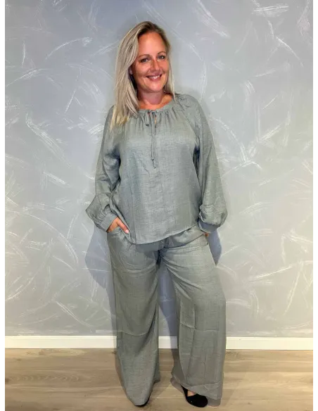 sættet vist forfra, Lys grå bluse med bindebånd og ballonærmer til kvinder - Catwalk by TIPPY"