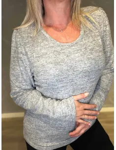 "Meleret grå pullover bluse med pufærmer og rund hals til kvinder - Design by TIPPY" 2