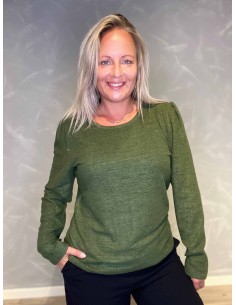 "Meleret grøn pullover bluse med pufærmer og rund hals til kvinder - Design by TIPPY"