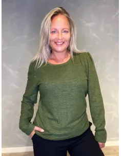 "Meleret grøn pullover bluse med pufærmer og rund hals til kvinder - Design by TIPPY"