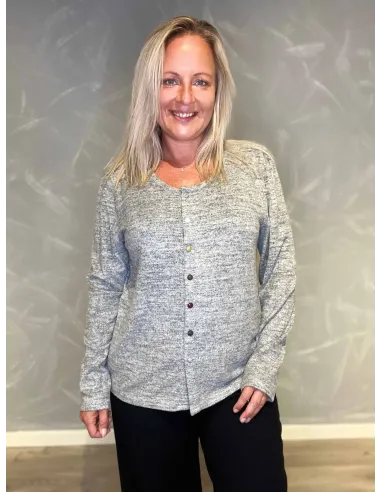 "Grå meleret cardigan med farvede knapper til kvinder - Design by TIPPY"