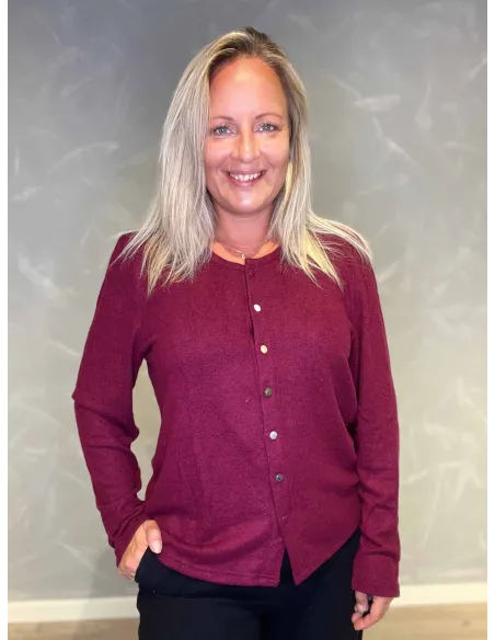 "Meleret bordeaux cardigan med farvede knapper til kvinder - Design by TIPPY"
