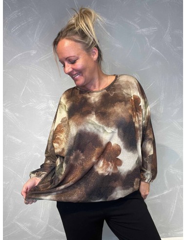 "Bluse med batik print i brun og beige med glimmer detaljer"