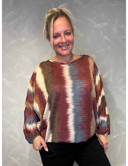 "Bluse med print i brun og rust med glimmer detaljer"