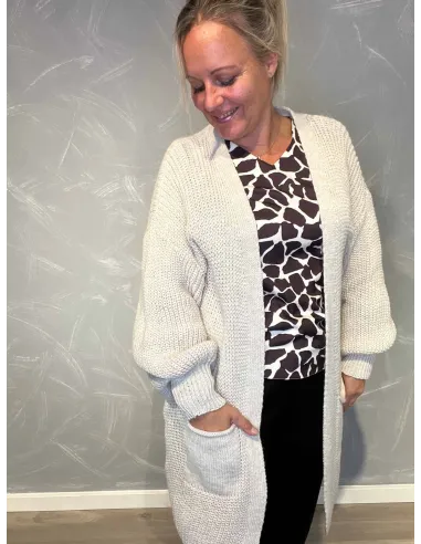 "creme Hvid lang cardigan med lommer"