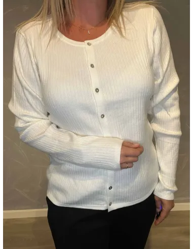 "Nærbillede af rib-struktur og knap detaljer på cardigan"